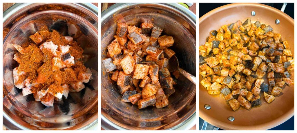 A three panel collage showing the preparation and cooking of the cod.