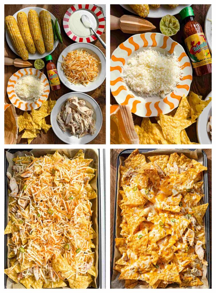 A four panel collage showing the ingredients and assembly of the nachos.