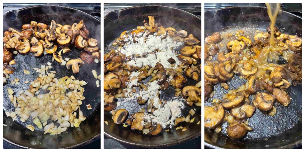 Three image collage showing the preparation of the mushrooms and deglazing of the skillet.