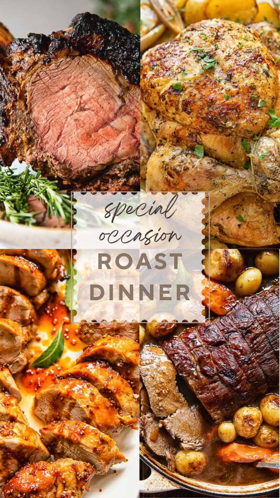 Four panel vertical poster showing four roast meats suitable for a dinner gathering.