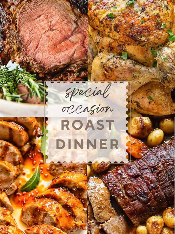 Four panel vertical poster showing four roast meats suitable for a dinner gathering.